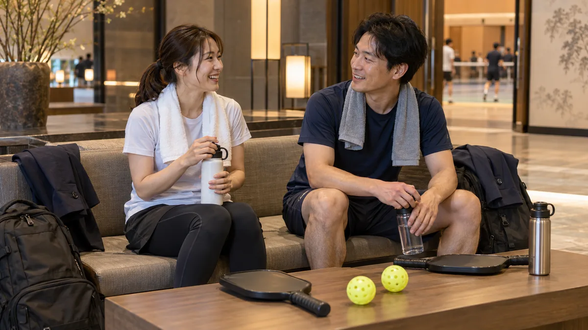 試合後にラウンジで交流する異なる企業の参加者