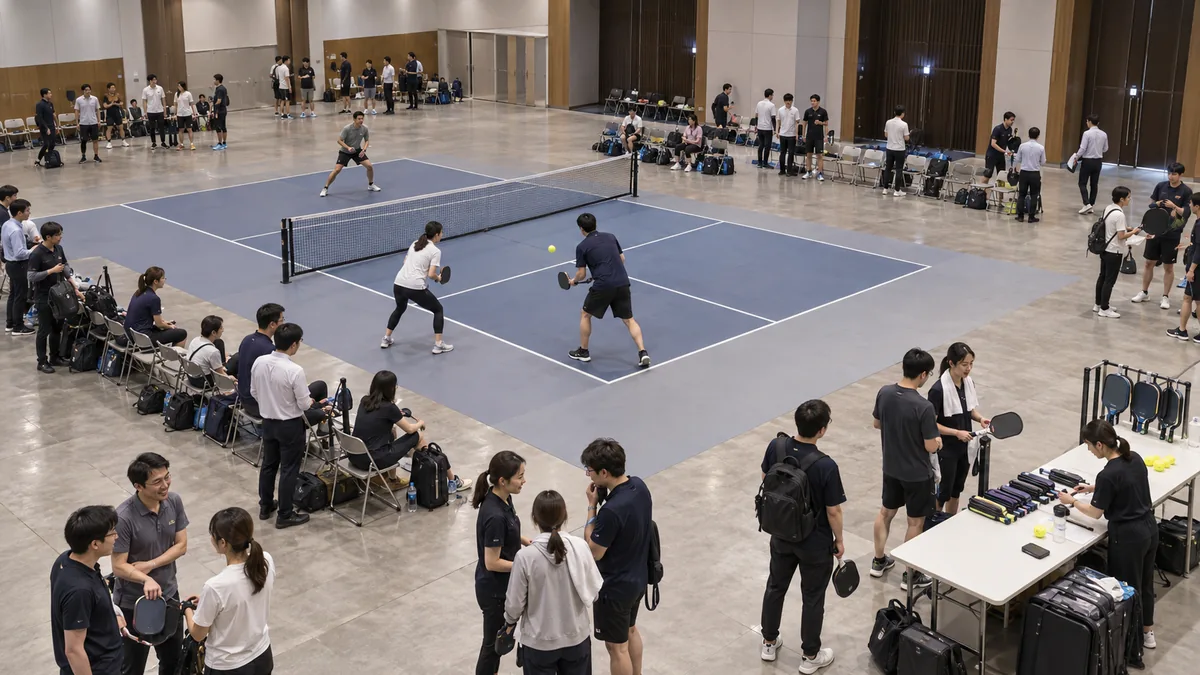 イベントホールの仮設コートで進む企業対抗ピックルボール予選
