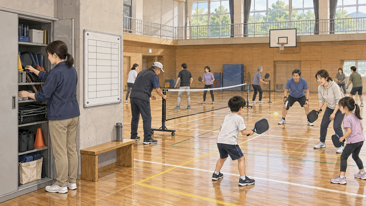 既存体育館の設備と地域スタッフで親子向け体験会を運営する地方普及モデルの編集ビジュアル
