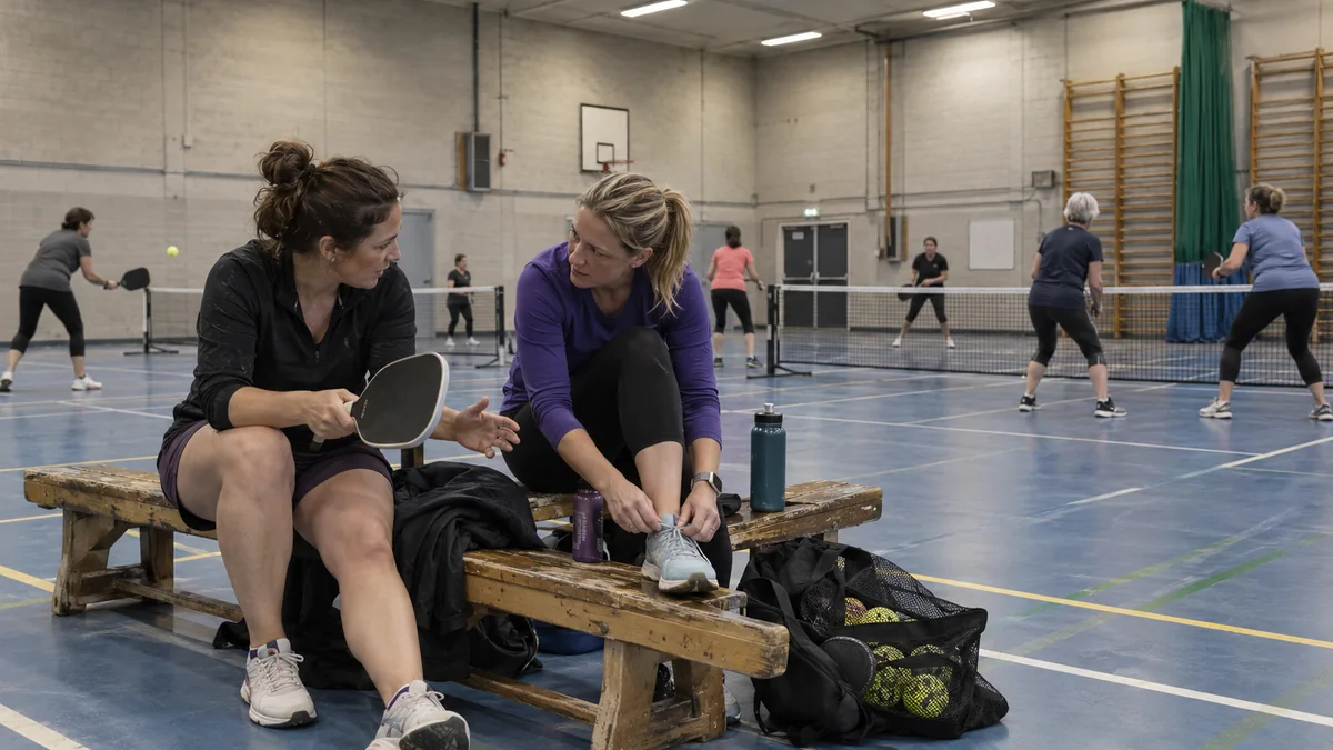 英国の地域体育館で試合の合間に戦術を話す女子プレイヤーと練習を続ける参加者