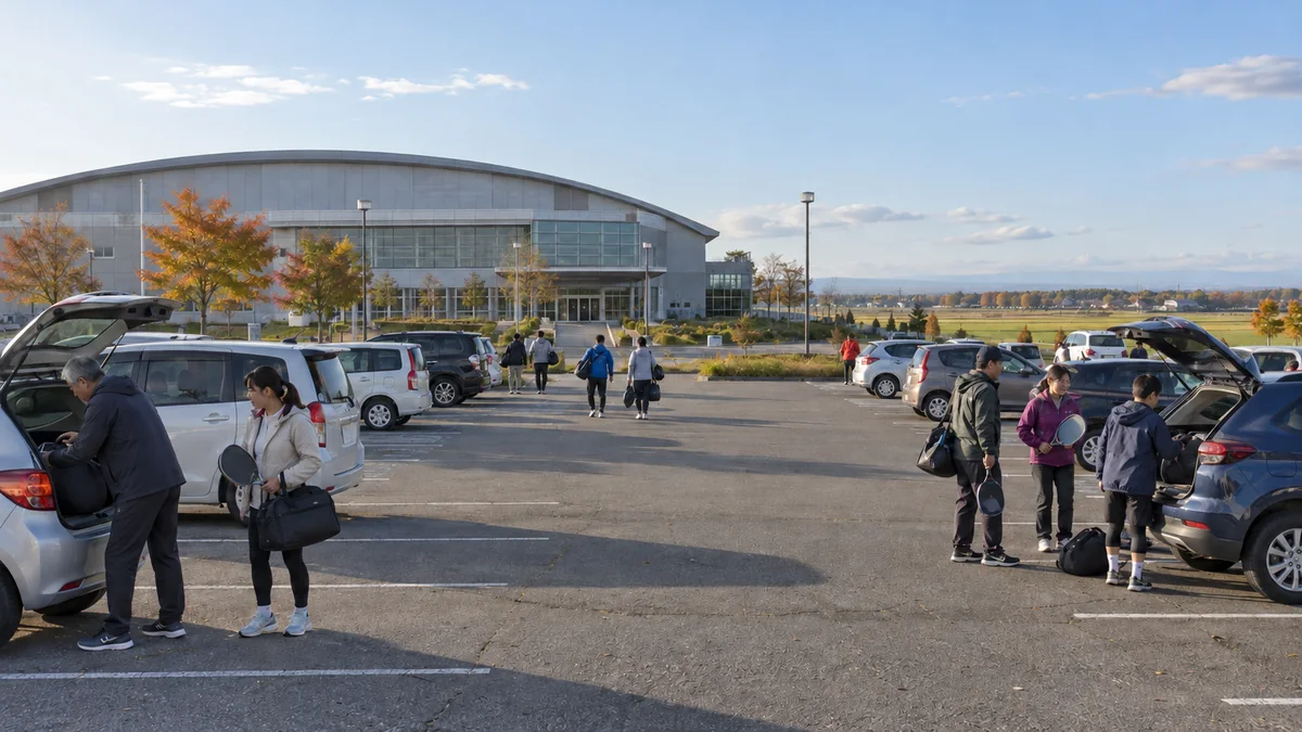 十勝の広い体育館へ向かうため駐車場でパドルと荷物を準備する参加者