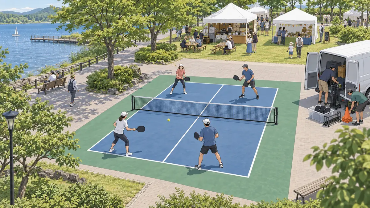湖畔公園とフェス会場と移動式スポーツ運営が仮設コートに集まる仕組みを示す編集図