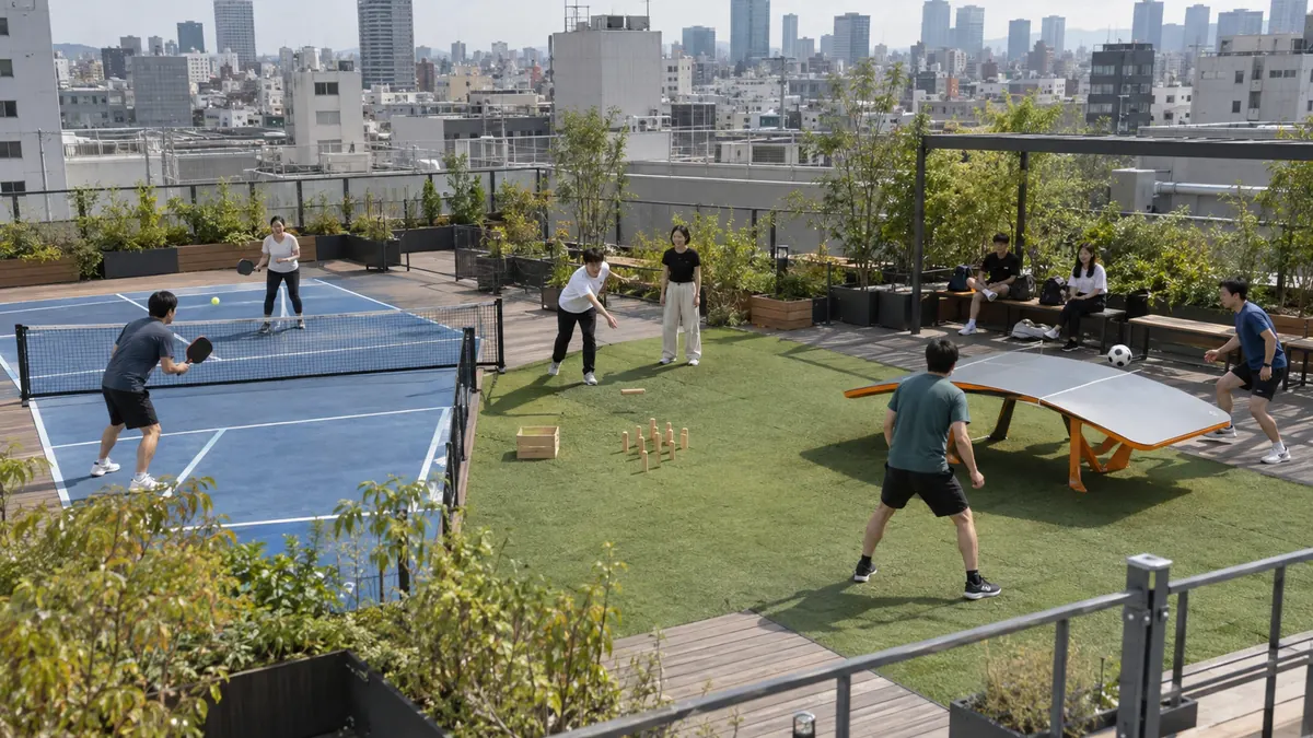 大阪の百貨店屋上でピックルボールとモルックとテックボールを体験する参加者