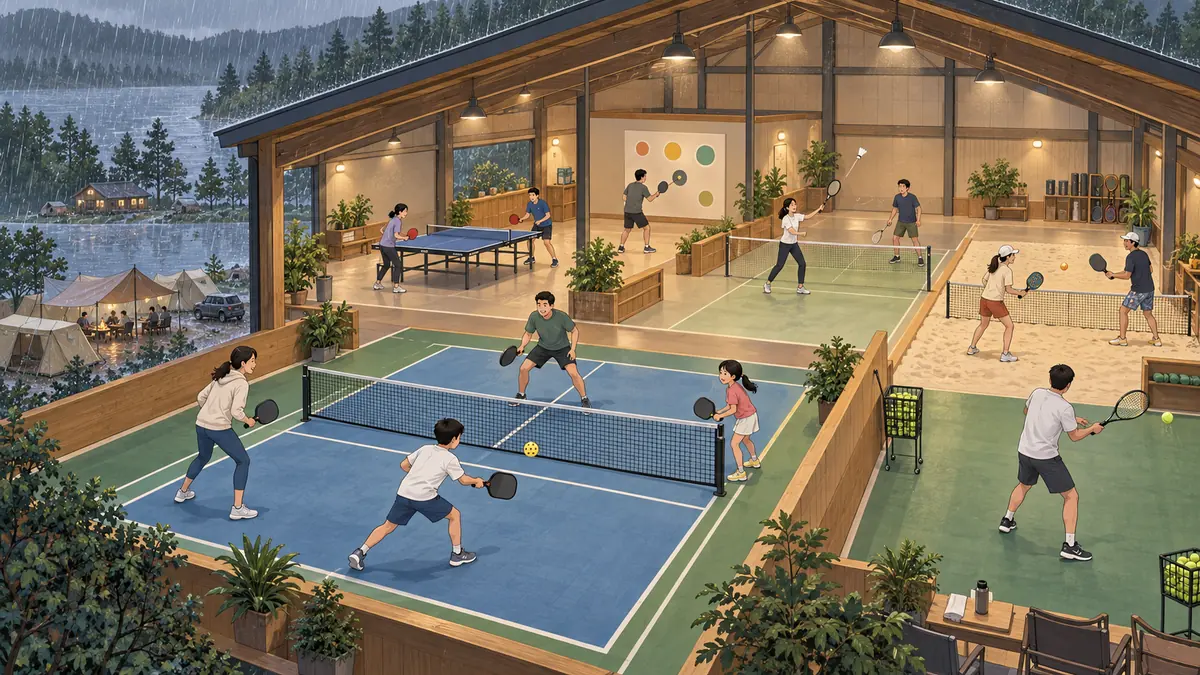 雨天でも7種類のラケット遊びを選べる複合施設の編集イラスト