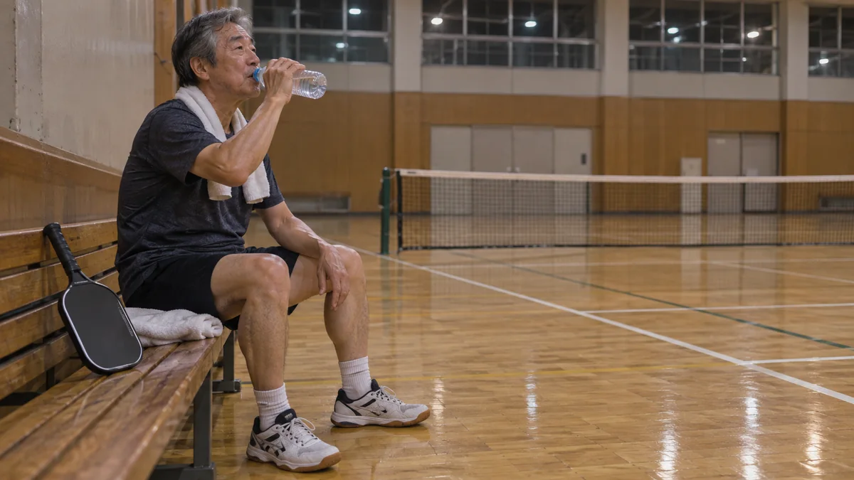 長時間のプレー後にベンチで水分補給して休むシニアプレーヤー