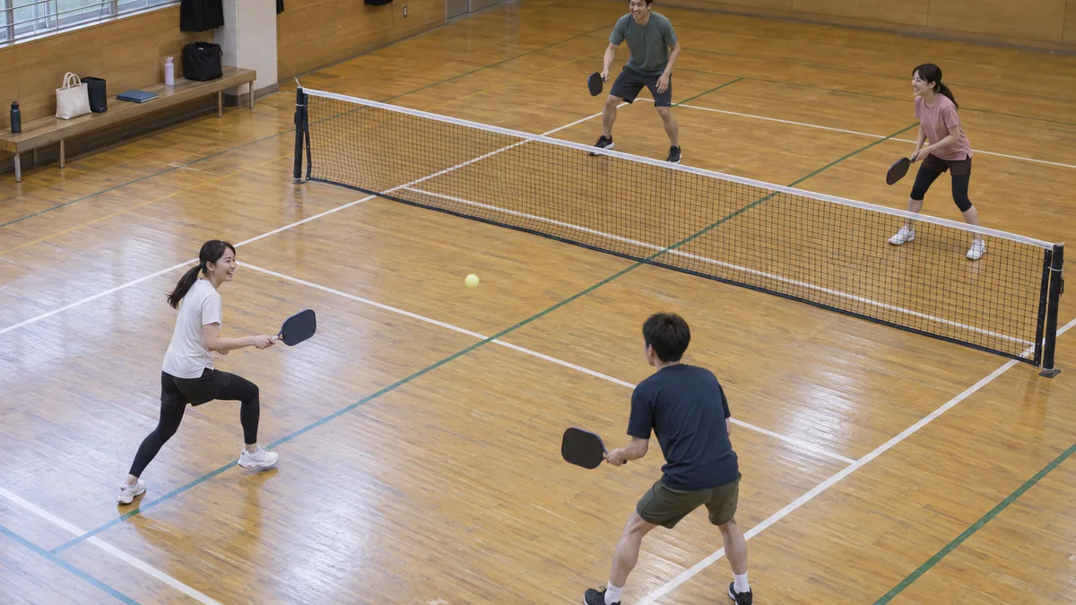 面談前の交流として屋内コートでピックルボールを楽しむ4人
