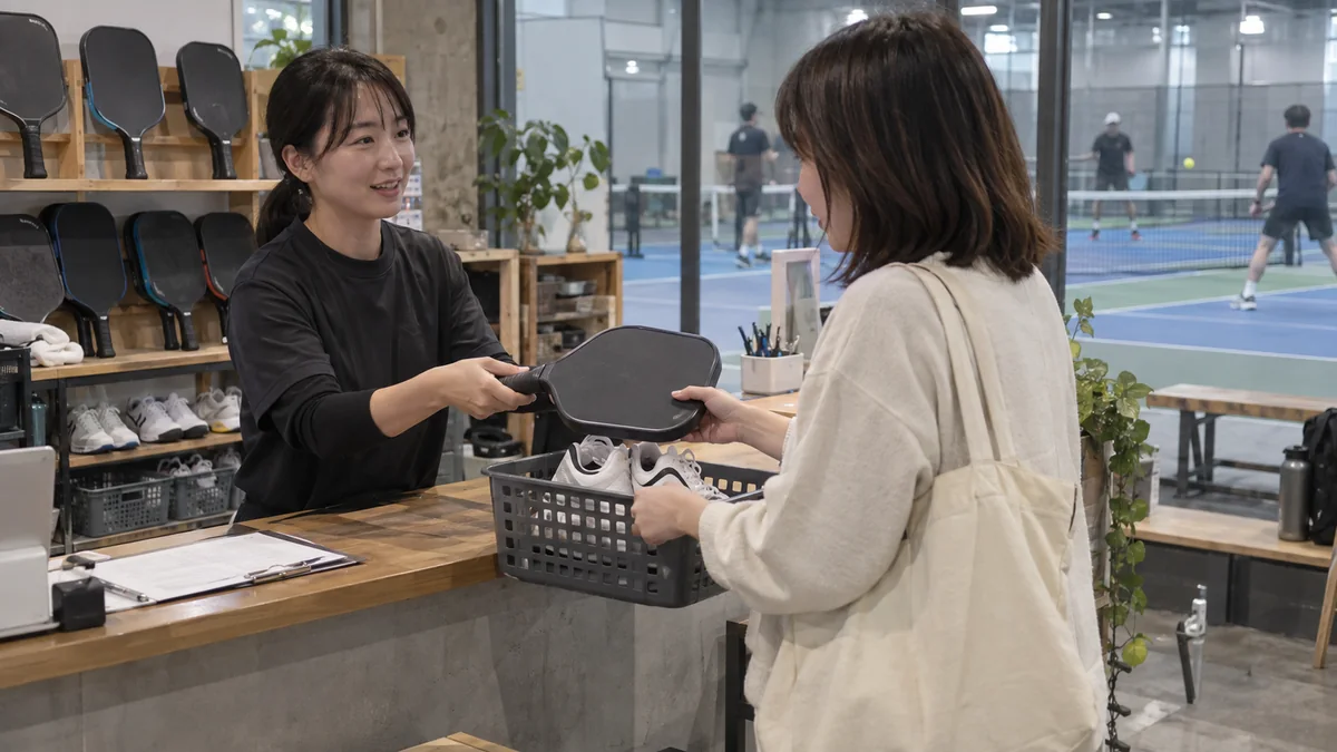 屋内コートの受付でレンタルパドルとシューズを受け取る来場者
