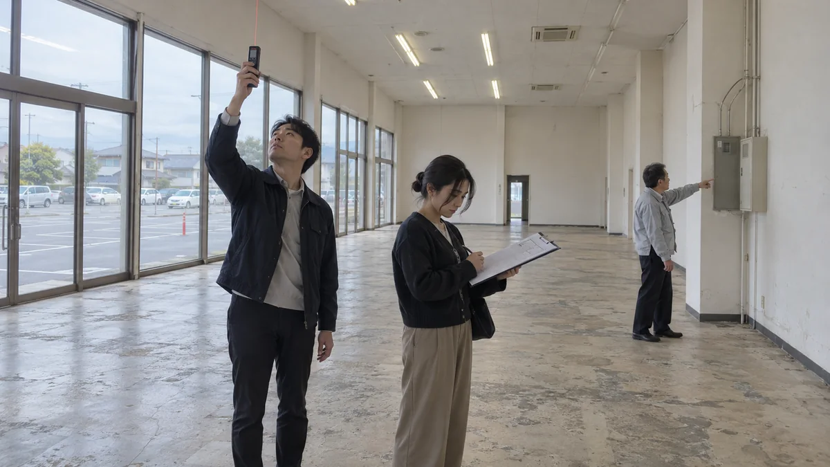 日本の空き店舗で天井高と設備を確認する物件調査担当者