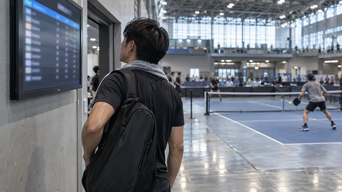 国際大会会場で順位モニターを確認する日本人プレーヤー