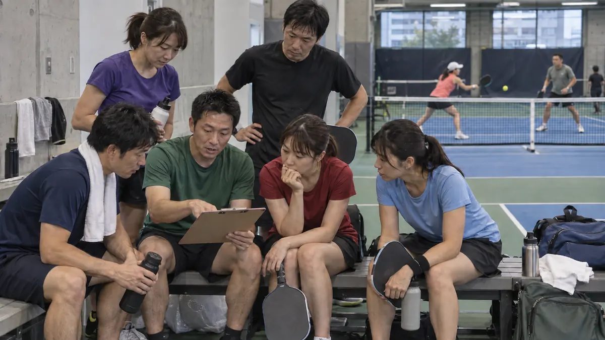 試合の出場順を確認する男女3人ずつのピックルボールチーム