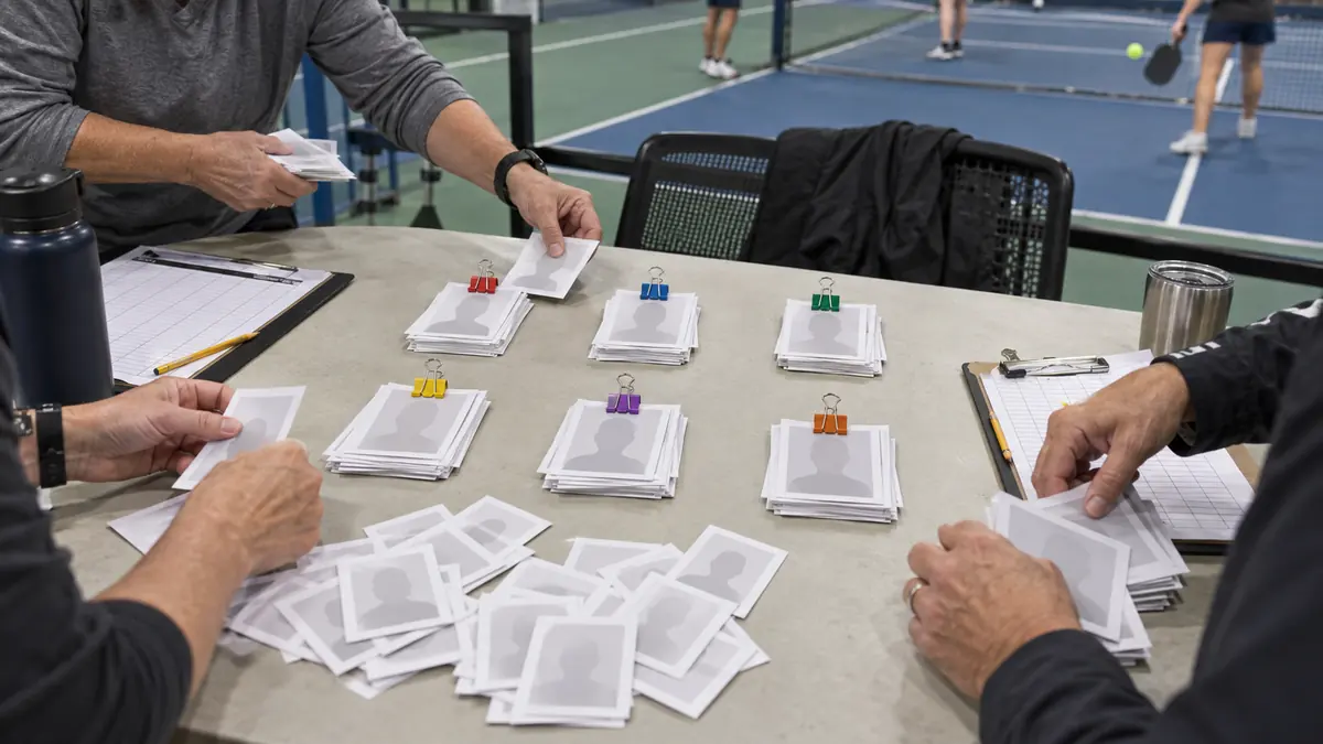 36人分の選手カードを6チームへ仕分けるドラフト運営スタッフの手元