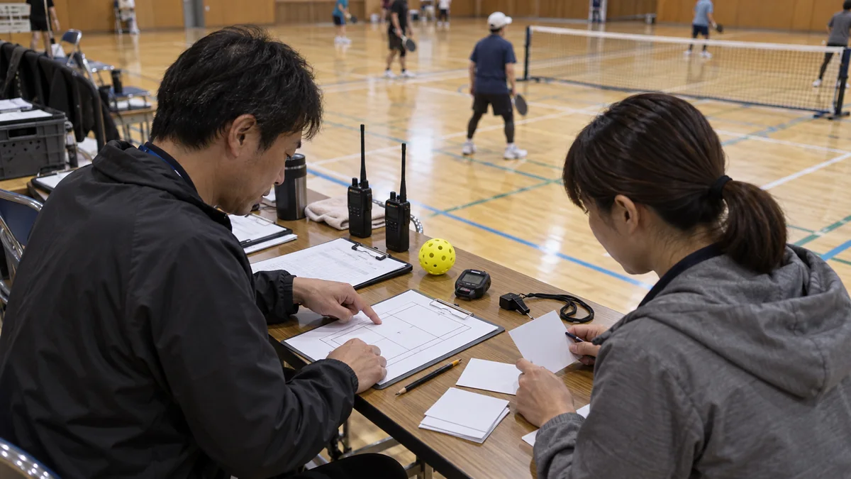 日本の大会運営卓で判定手順とコート配置を確認するスタッフ