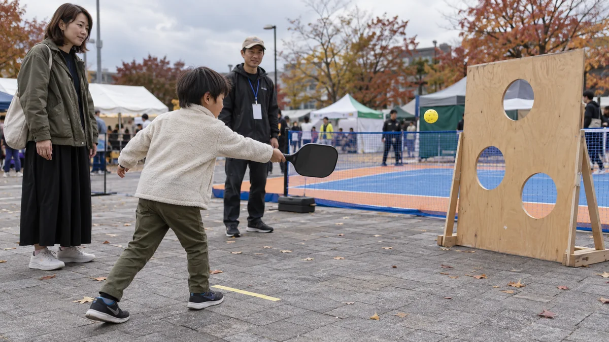 秋まつりでピックルボールのパドルを使った的当てに挑戦する子ども