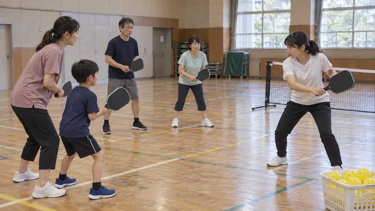 公共体育館で指導者の構えをまねる親子と初心者
