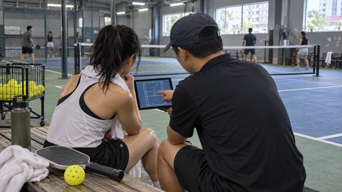 ホーチミンの屋内コートで試合データを確認する選手とコーチ