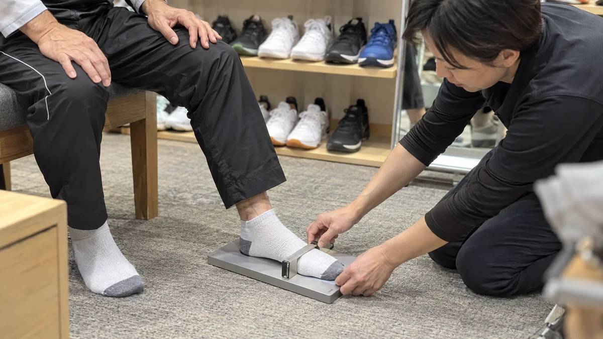 スポーツ用品店で客の足幅を測定するシューズフィッター