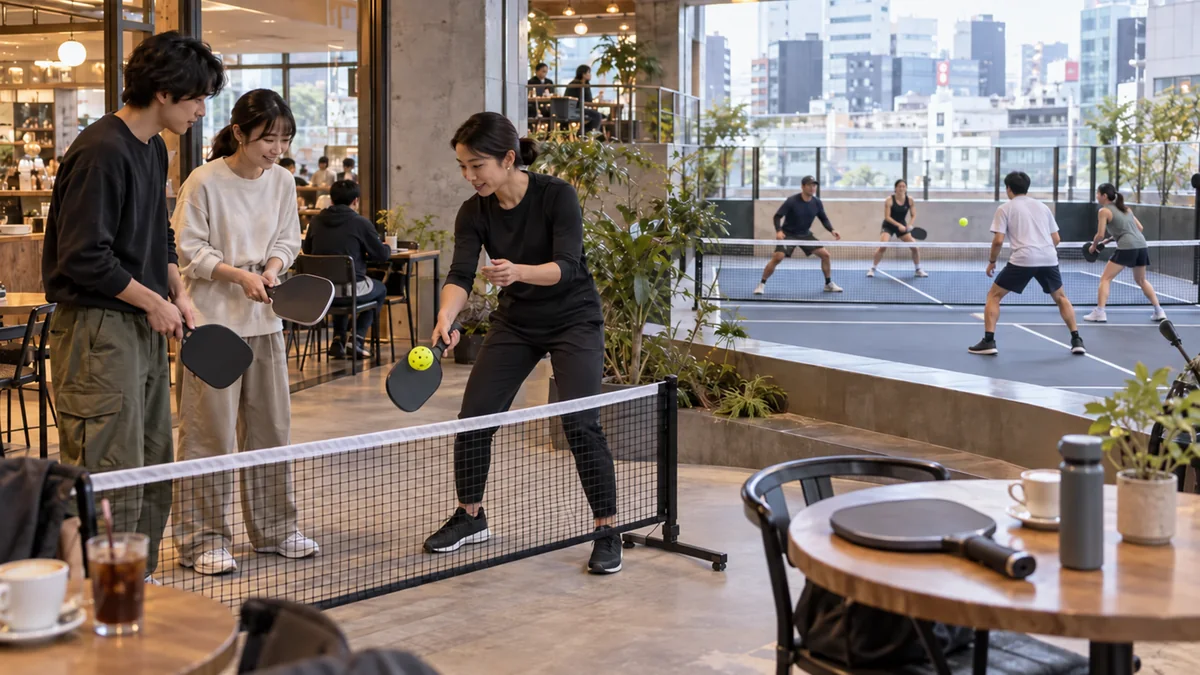 カフェの体験スペースで初心者にパドルの扱いを教えるスタッフと奥でプレーする参加者