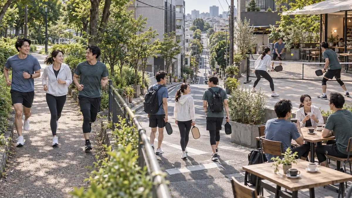 公園でのランニングから街中のピックルボールとカフェ交流へ続く休日の動線