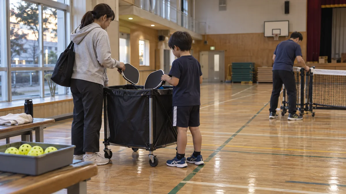 教室後に貸出パドルを返す親子と片づけられる移動式ネット