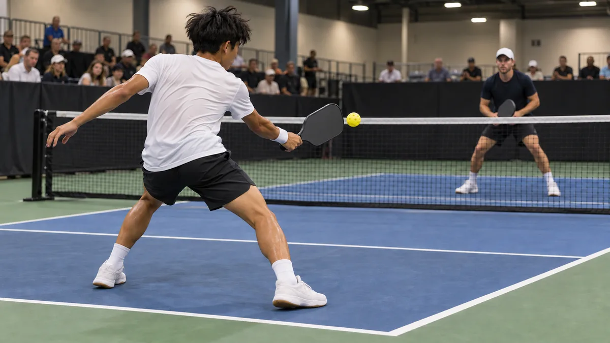屋内コートで片手のバックハンドボレーを打つ10代選手