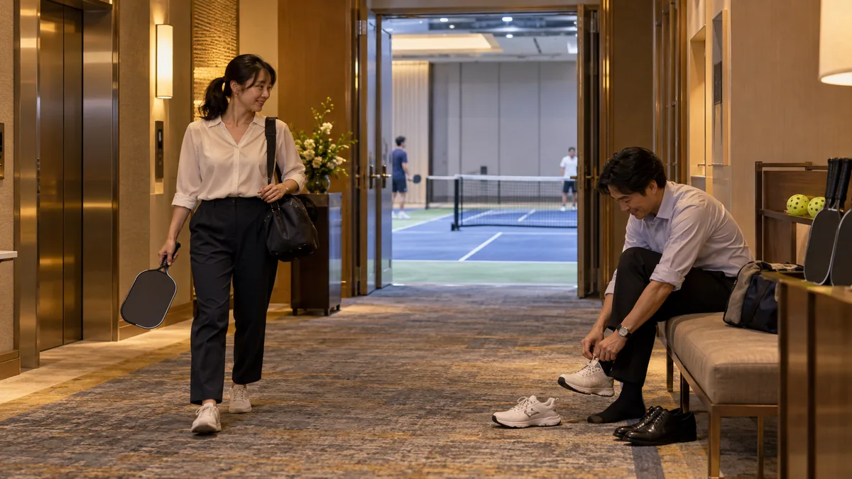 宴会場フロアでコートへ向かいレンタルシューズに履き替える利用者