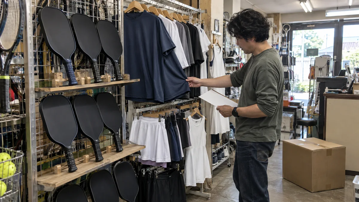 パドルと競技用ウェアが並ぶ国内専門店で商品を確認する担当者