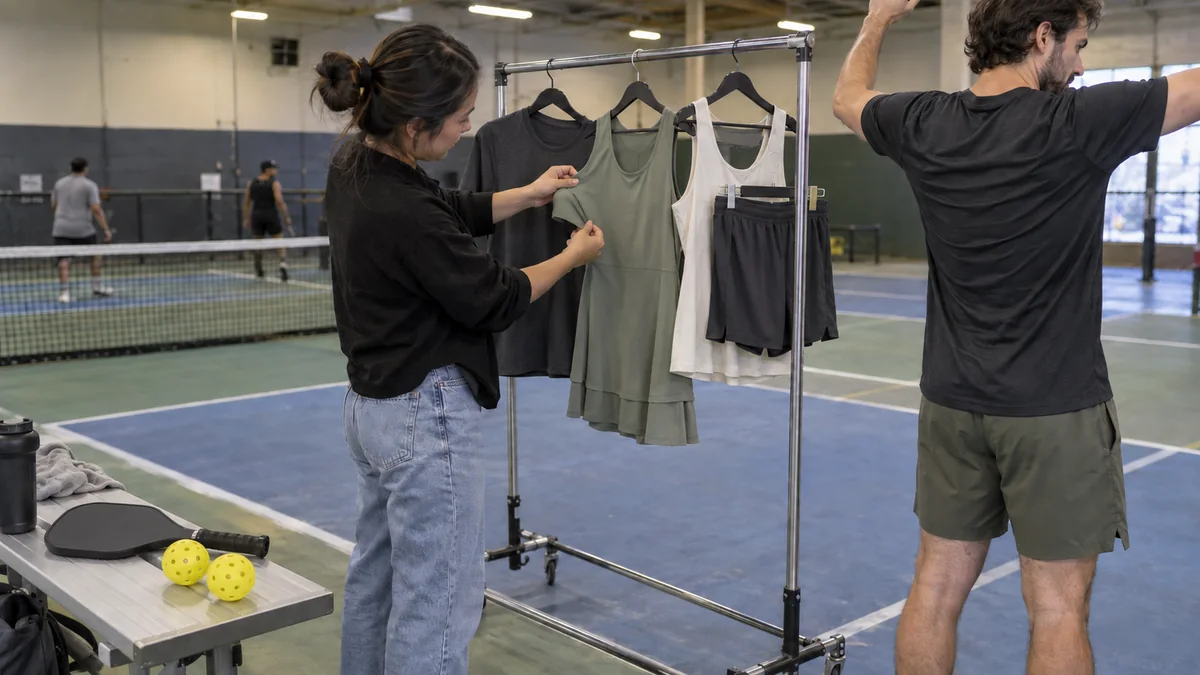 屋内コート脇で無地のシャツやワンピースの縫製を確認するスタッフ