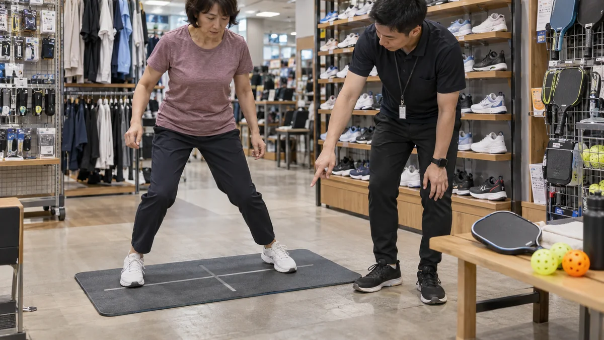 日本のスポーツ用品店でコートシューズの横方向の安定性を試す客