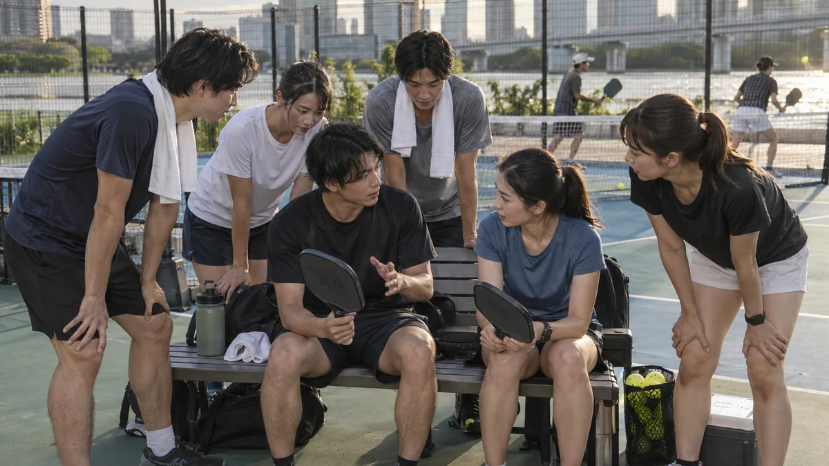 大学対抗戦の合間にベンチで作戦を話し合う学生チーム