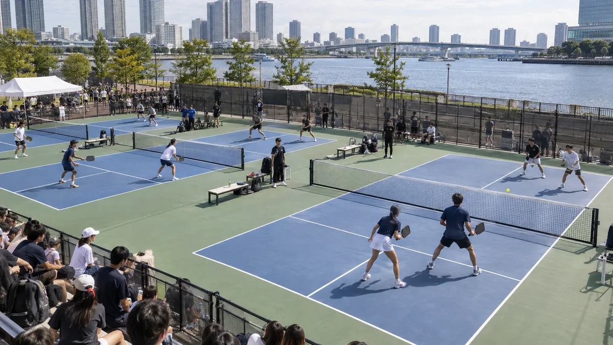 豊洲の水辺に設けた屋外4面で同時進行する学生ダブルス