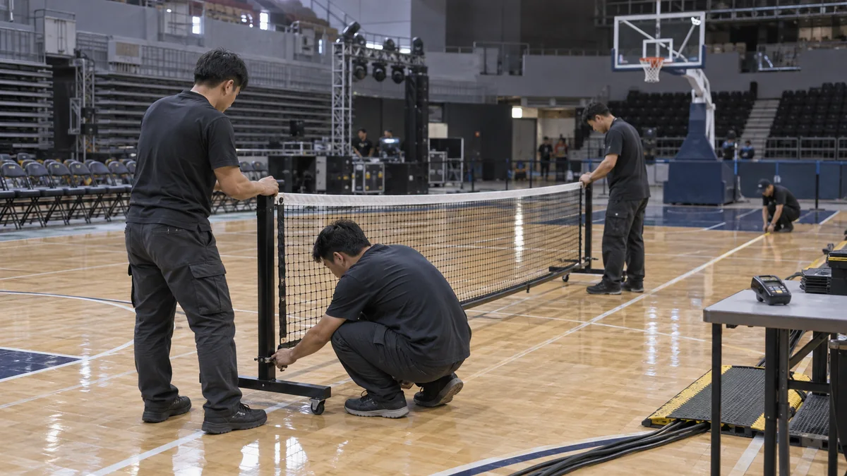バスケットボール会場の床に移動式ピックルボールネットを設営する運営スタッフ