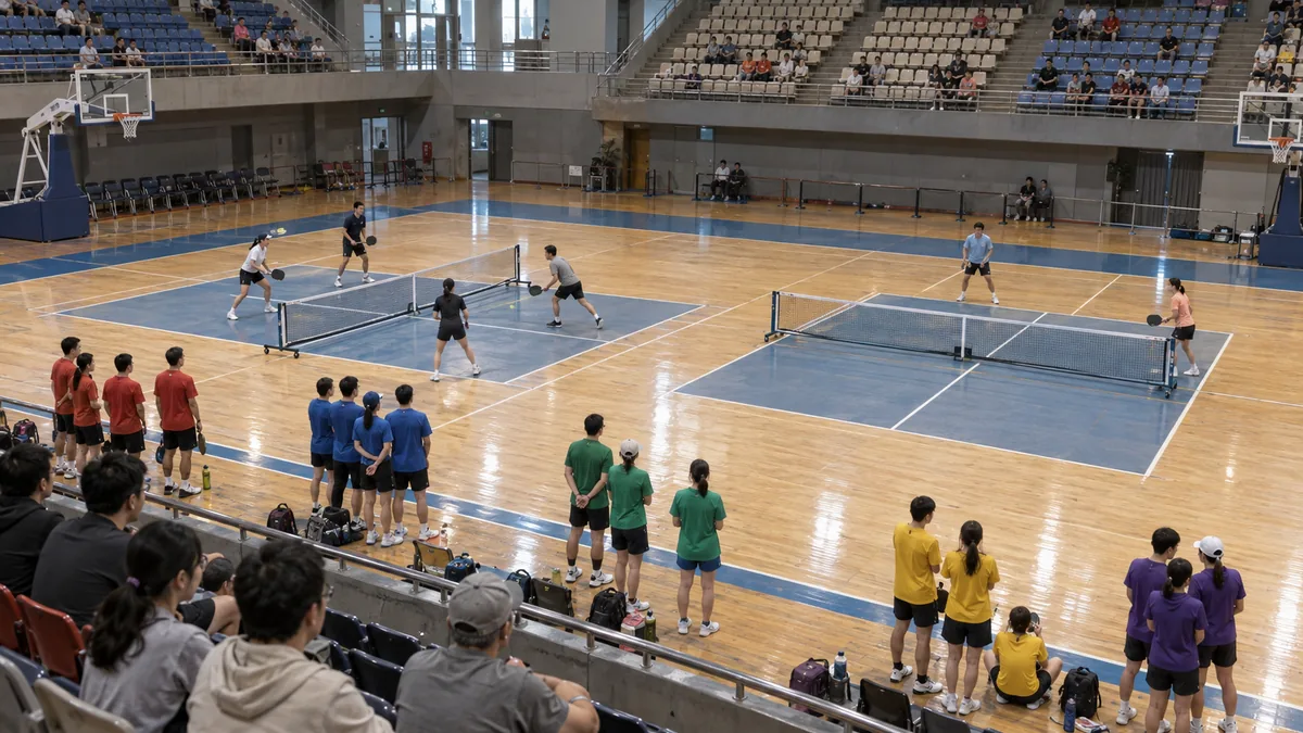 バスケットボール会場に設けた2面で試合を行い、5色のチームが待機するリーグ会場