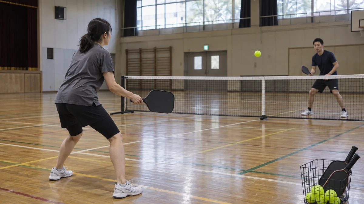 屋内用ボールを使って体育館でラリーする二人のプレーヤー