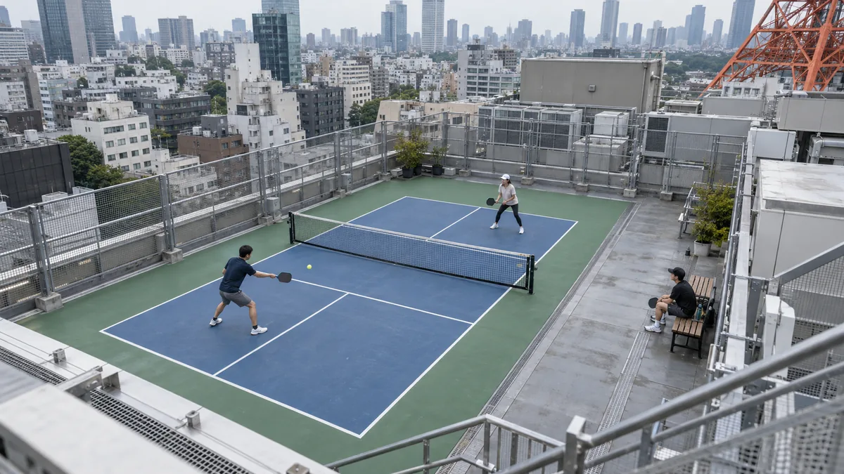都心の屋上に設けられた1面のピックルボールコートを見下ろす風景