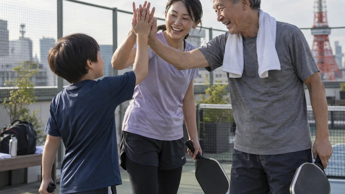 屋上コートでハイタッチする子どもと大人とシニアのチーム