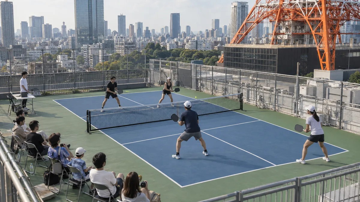 東京タワーの屋上コートで行われるダブルス大会を観戦する来場者