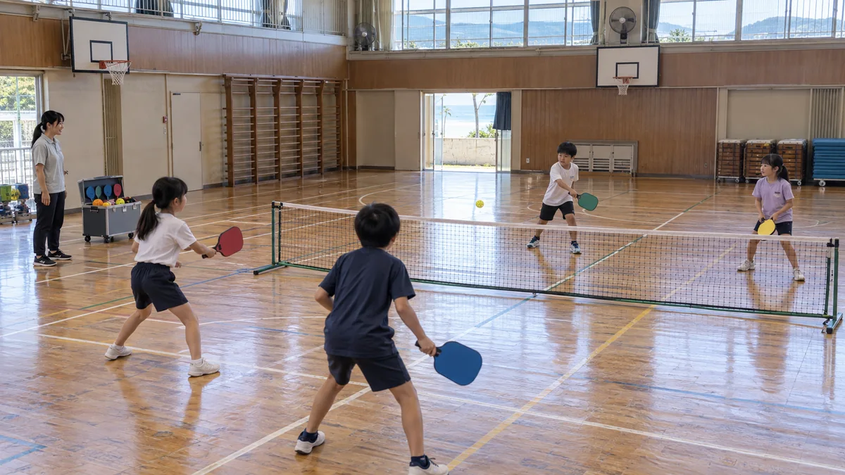 勝浦の小学校体育館で低いネットを挟みピックルボールを体験する子どもたち