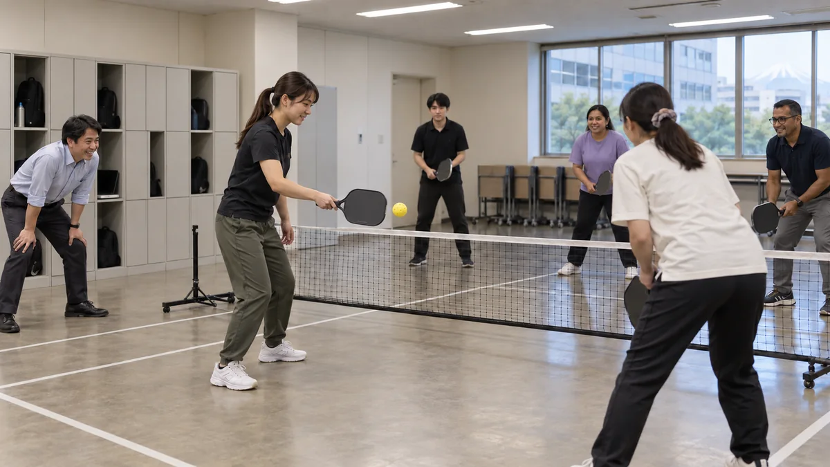 オフィス併設の多目的室で幅広い年代の社員がピックルボールを体験する様子