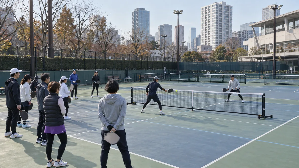 東京の屋外コートで参加者にダブルスを実演するピックルボール講師