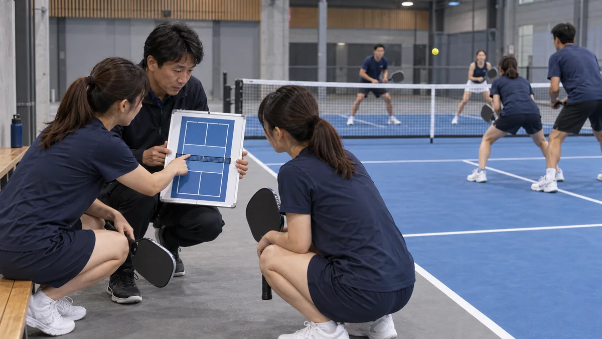 ダナン世界大会に向けてダブルスのコート配置を確認する日本人選手とコーチ