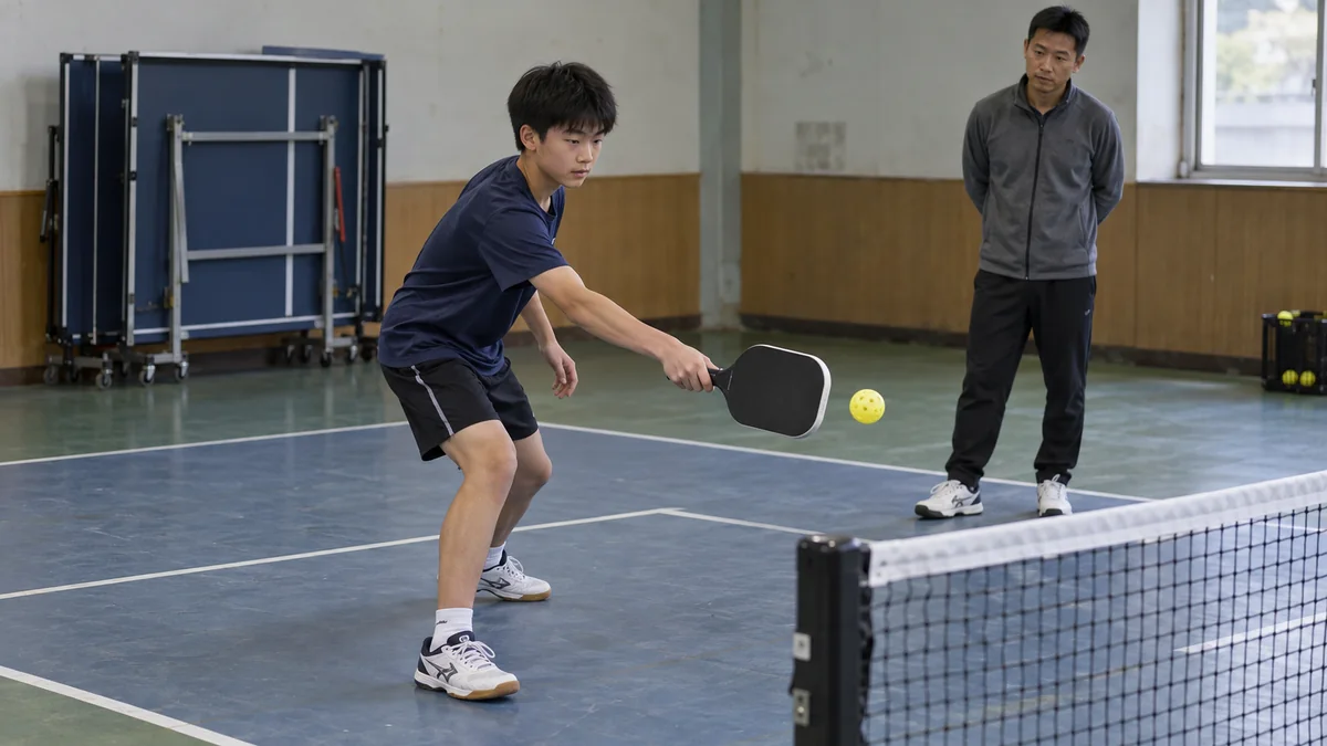卓球台のある練習場でディンクのタッチを磨く10代選手