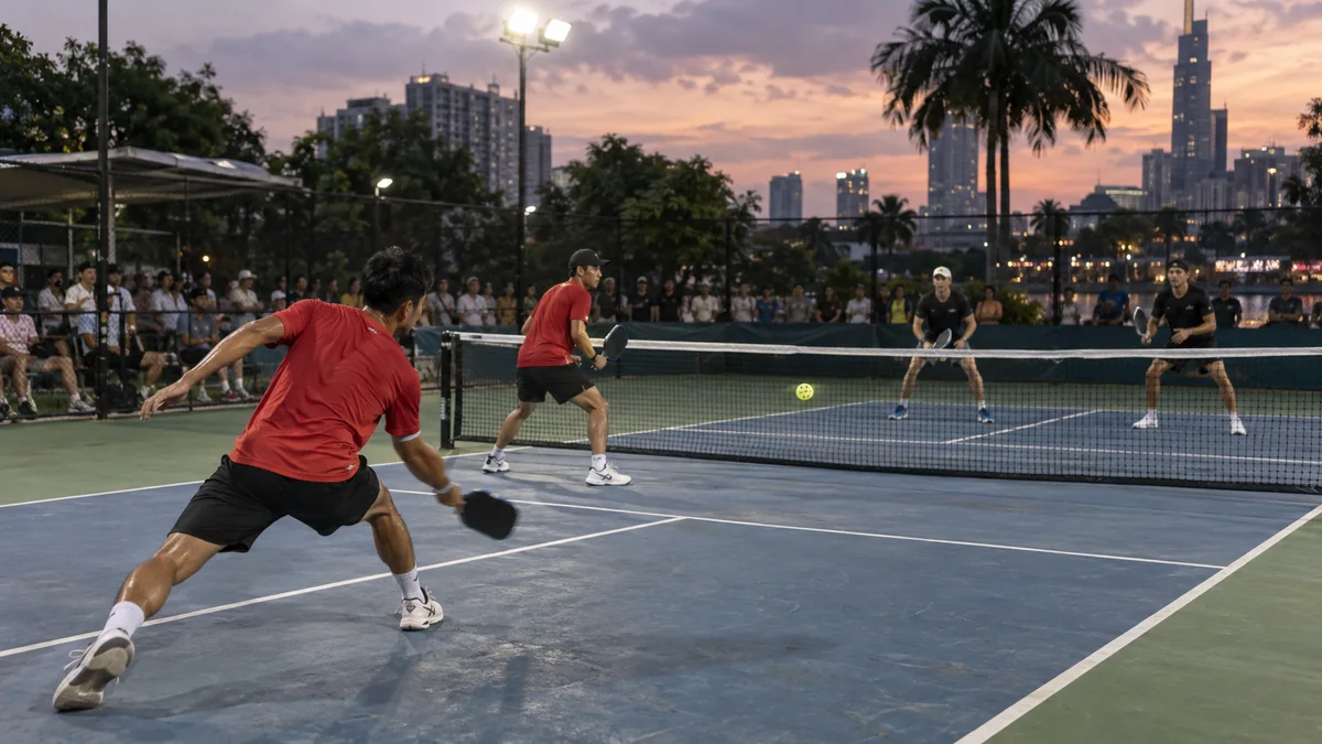 夕暮れのホーチミンで接戦を戦う男子ダブルスの4選手