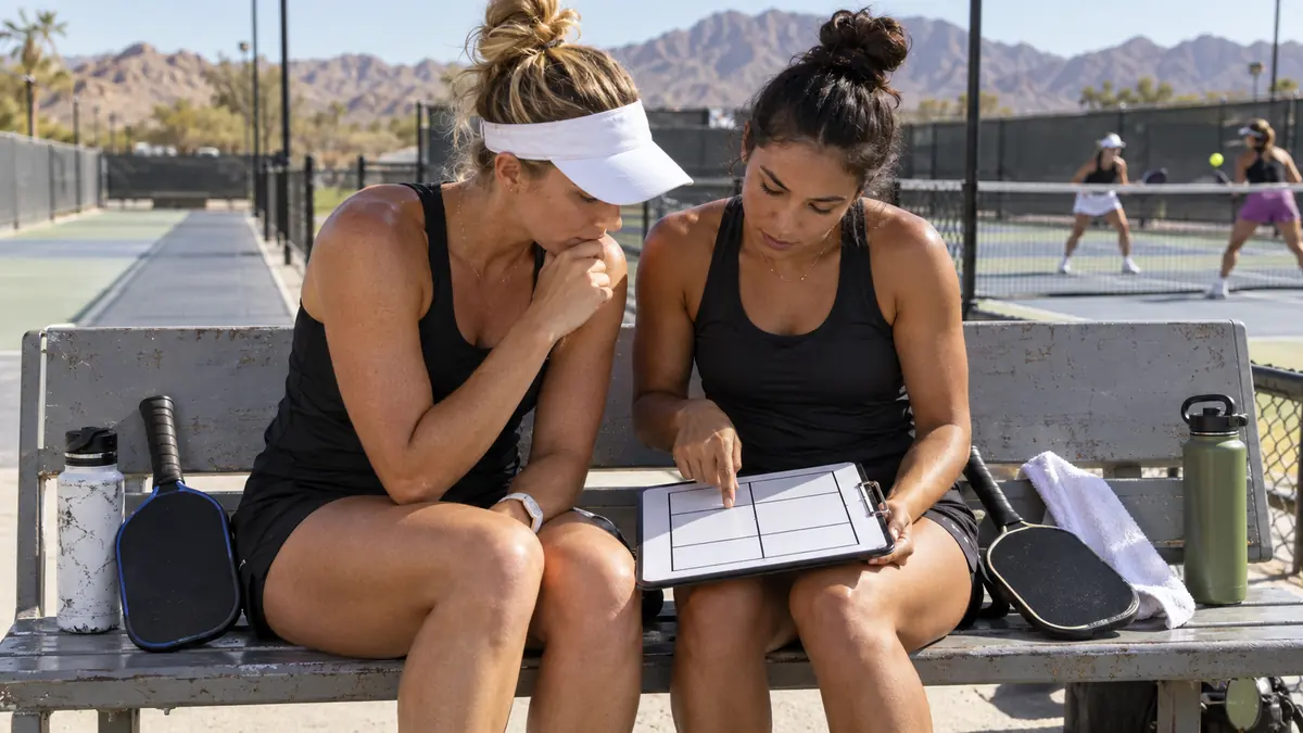 試合前にコート図を確認して戦略を話し合う女子ダブルスのペア