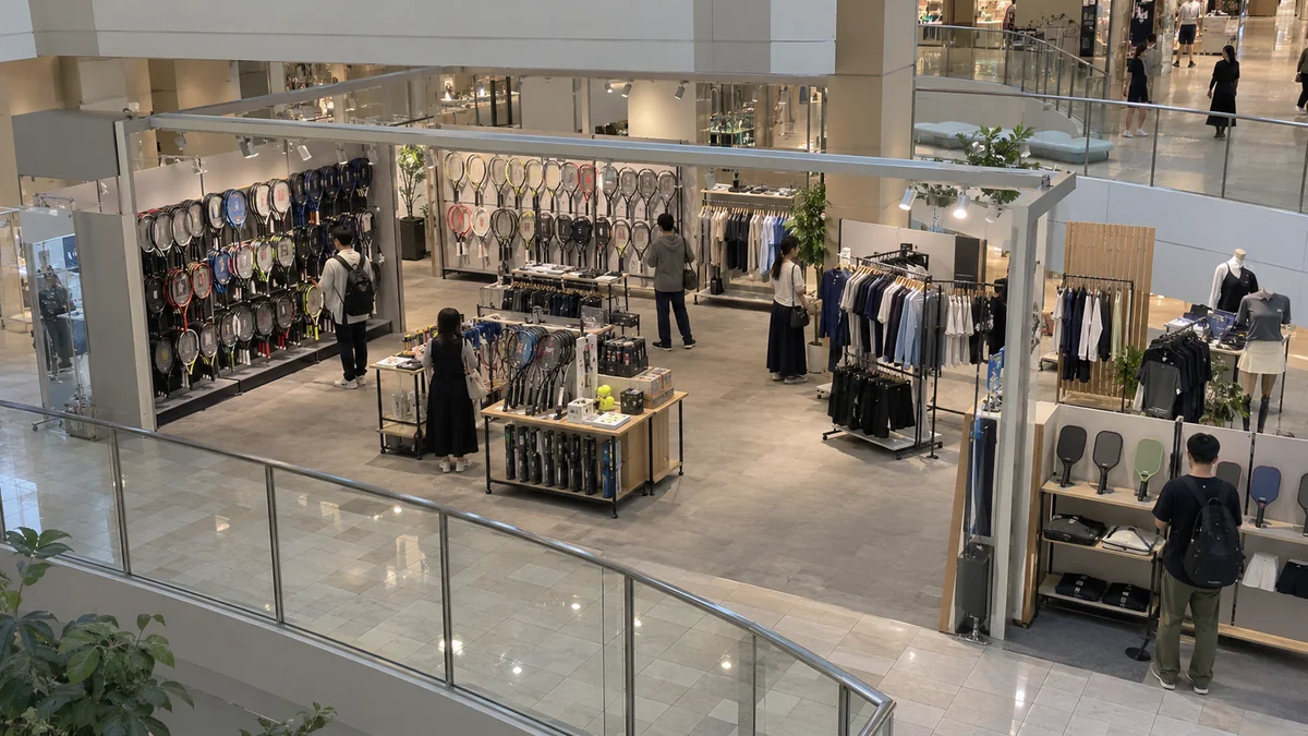 テニスラケットを中心にパドルとウェアも並ぶ大阪の期間限定売り場