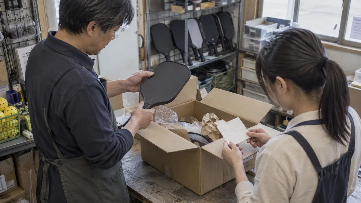 スポーツ用品店の作業場で輸入パドルの状態を確認する店員