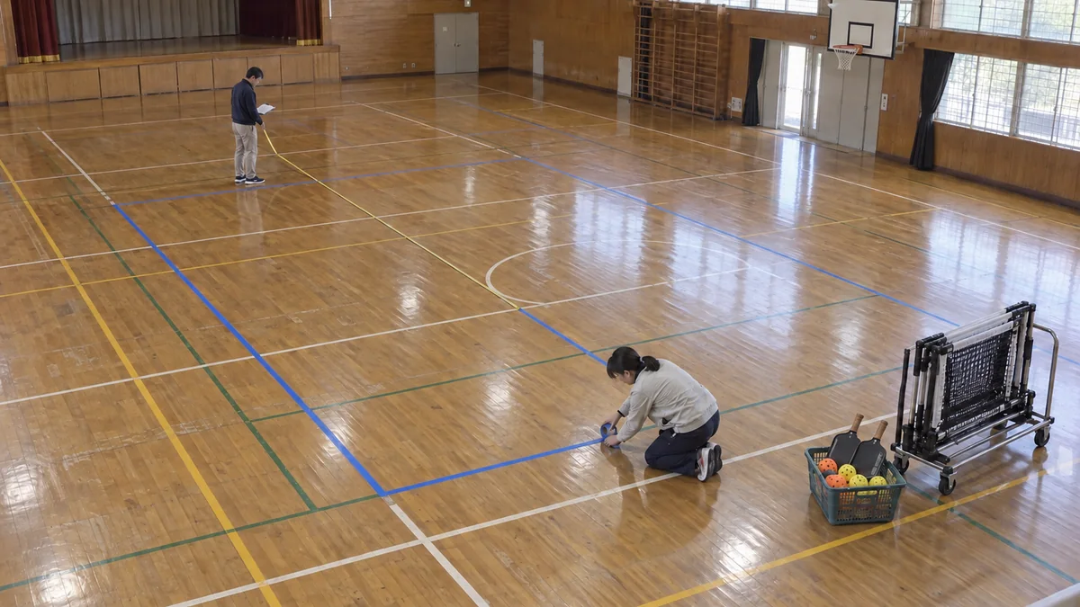 平日昼の体育館で仮設コートのラインを計測してテープを貼る施設スタッフ