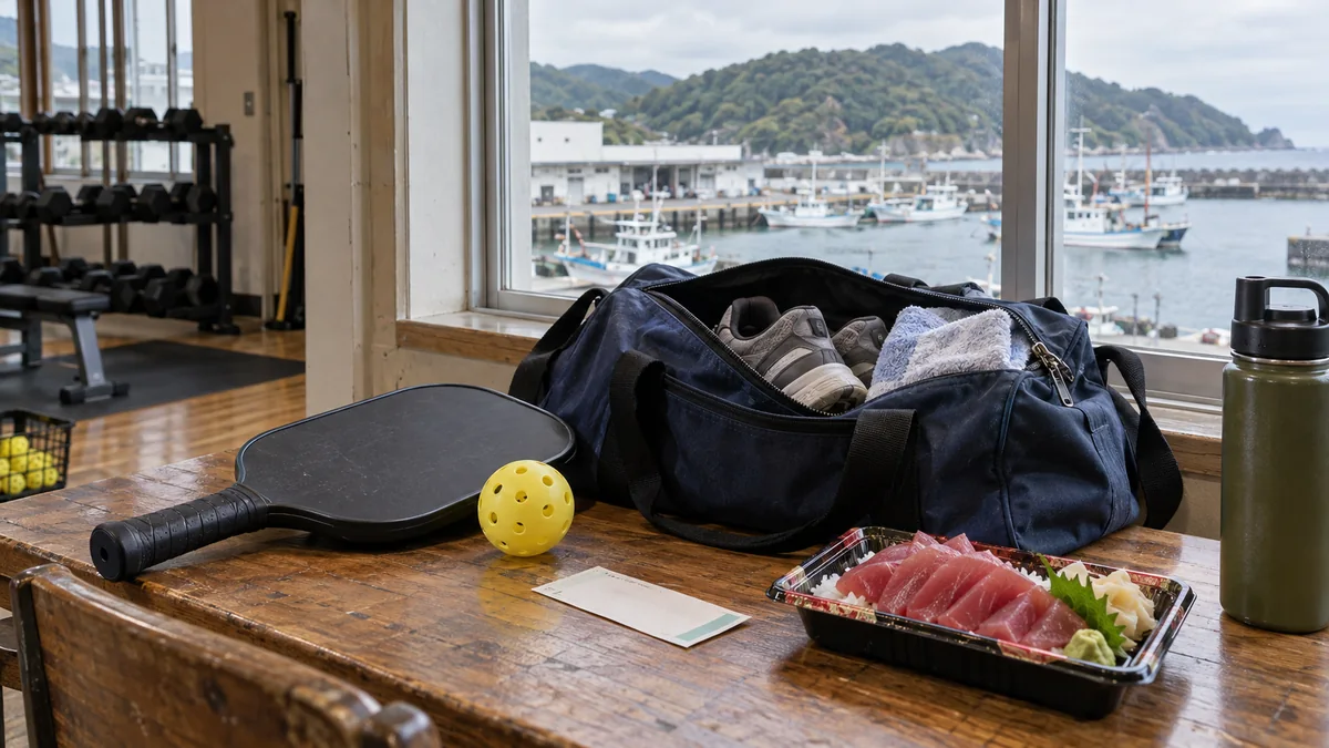 焼津の港を望む体育館に置かれたパドルと旅行かばんとマグロの食事