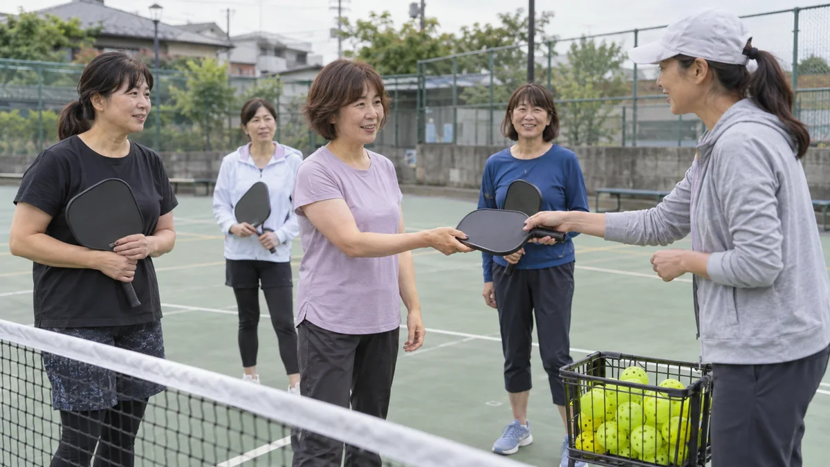 初心者教室で貸出用パドルを受け取る40代から50代の女性たち